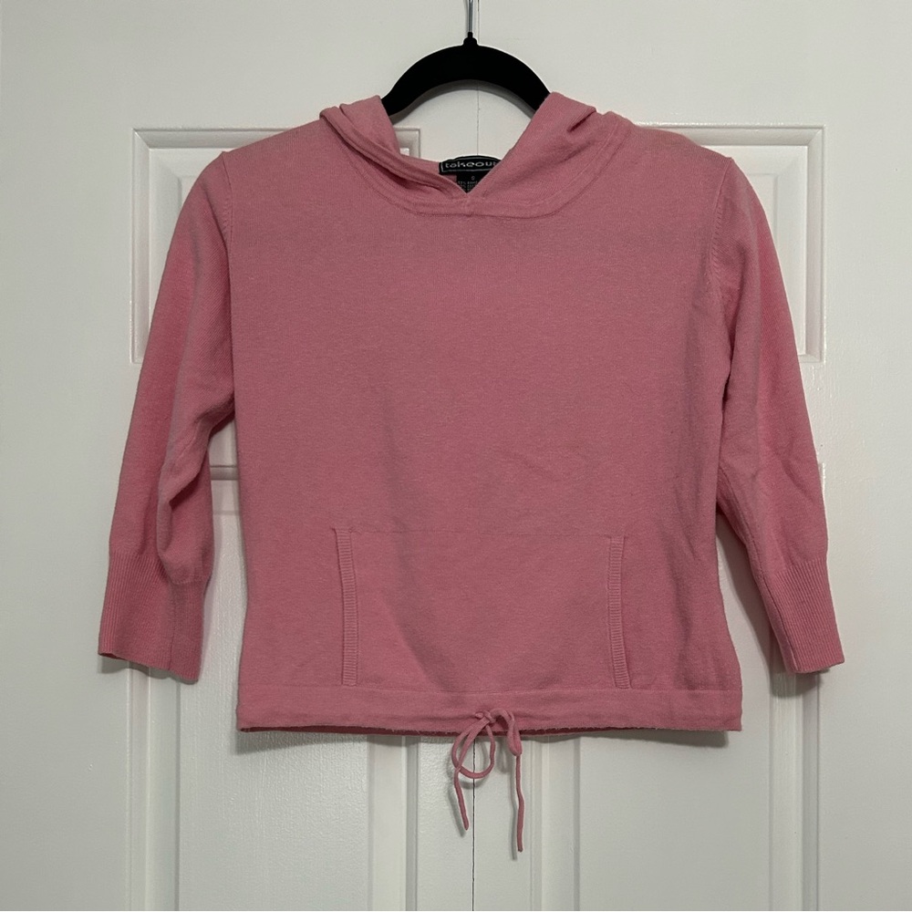 Vintage Y2K Takeout Cropped Hoodie – 3/4 Sleeve Drawstring Hem, Size Small